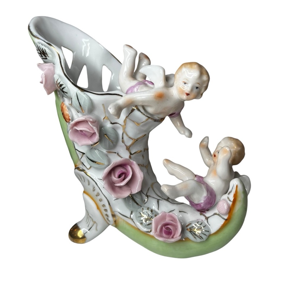 Vintage Royal Japan Porcelain Vase Cherubs, Flowers, Horn of Plenty Pastel Color